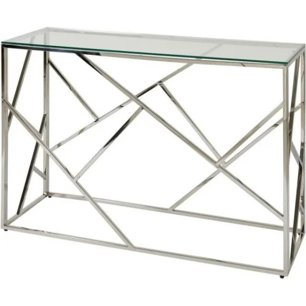 Sortie ❤️ Console Gris – Plateau Verre Pieds Métal 120 X 40 Cm 🎁 boutique pas cher 1