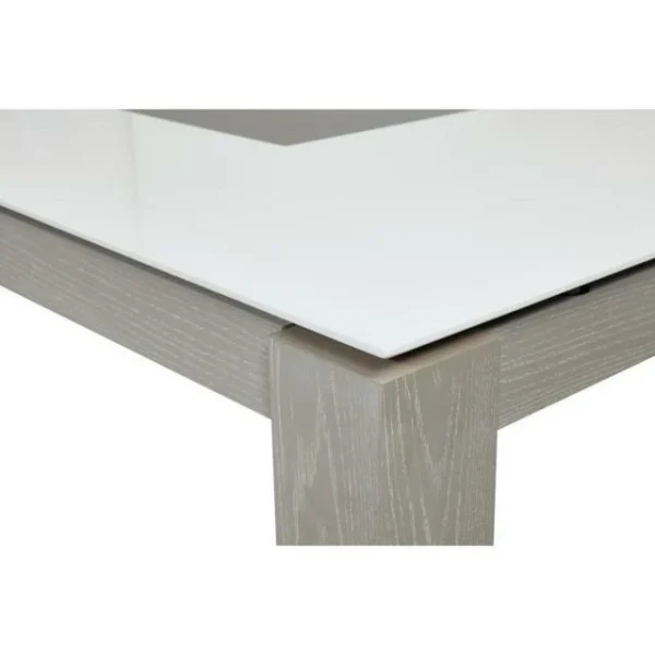 Meilleure affaire 🌟 Table De Repas Extensible Gris Et Blanc -plateau Verre Pieds En Bois 180 X 90 Cm 😉 acheter en ligne 4